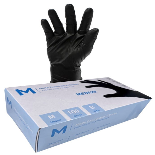 MPH Nitrile Powder Free Gloves Black 100pk - Medium